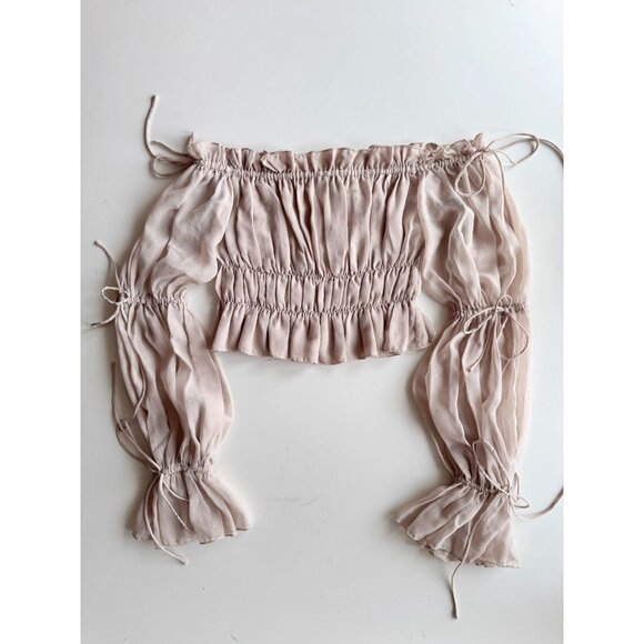 CHRISSY TEIGEN x REVOLVE Sands Nude Chiffon Ruched Off Shoulder Blouse, Size XS - Picture 5 of 14